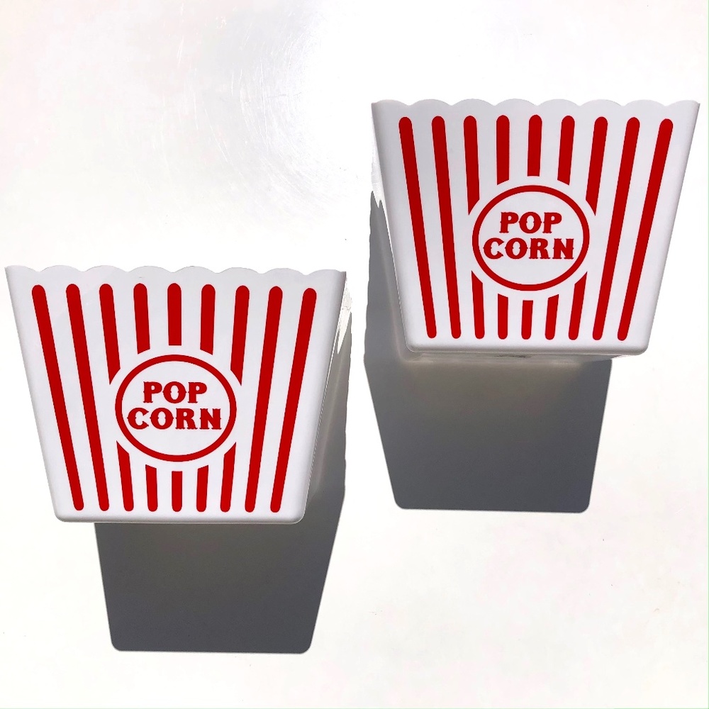 set of two movie popcorn tubs large plastic movie night white red stripes